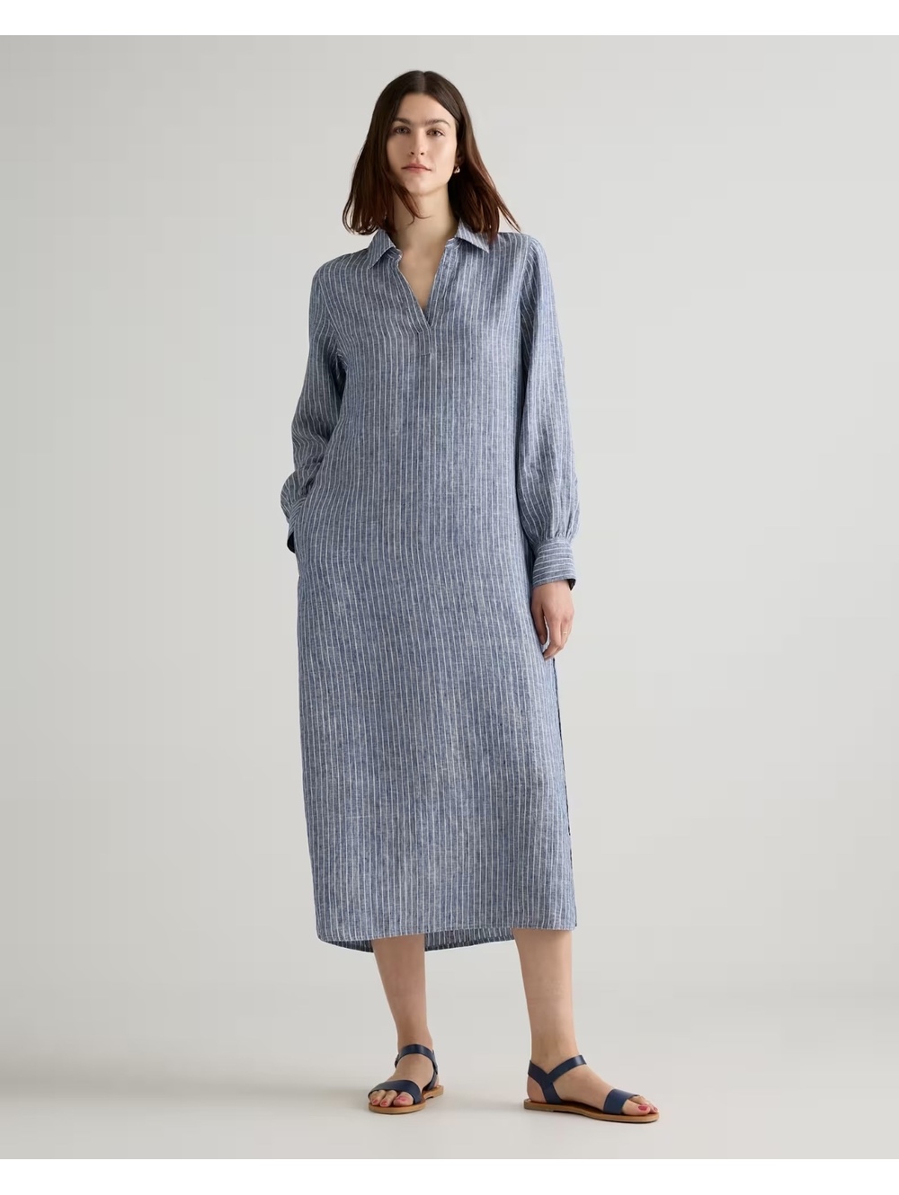 NWT Quince linen popover maxi in chambray stripe linen